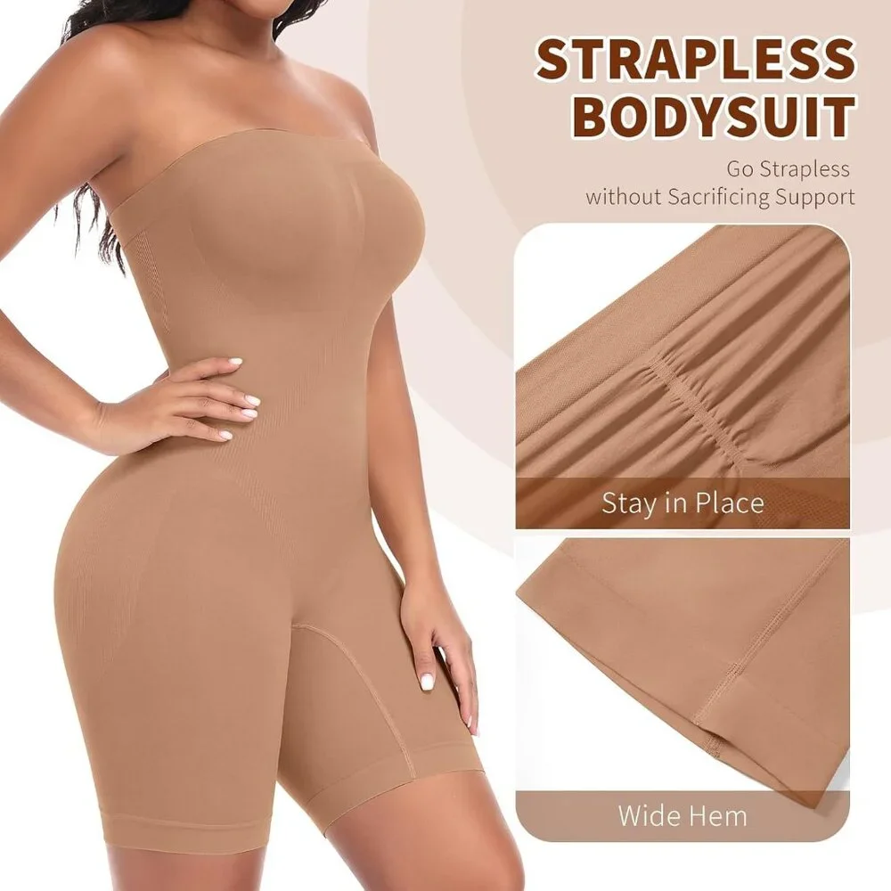 Women's Latte Removable Strapless Shapewear Bodysuit Control Body Shaper Straps - Picture 4 of 6